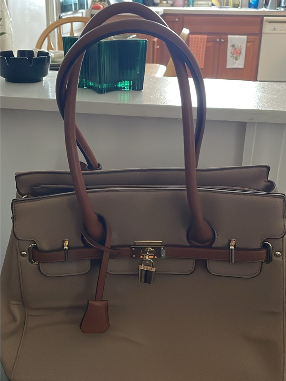 Neutral Taupe Tote with Brown Trim and Gold Accent